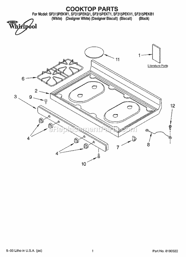 Whirlpool SF315PEKB1 Freestanding Gas Range Cooktop Parts Diagram