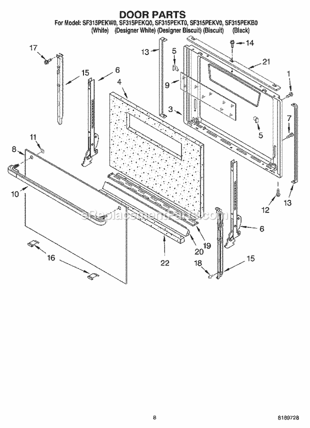 Whirlpool SF315PEKQ0 Freestanding Gas Range Door Diagram