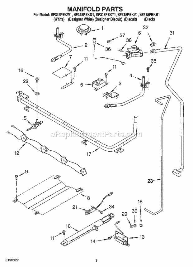 Whirlpool SF315PEKT1 Freestanding Gas Range Manifold Parts Diagram