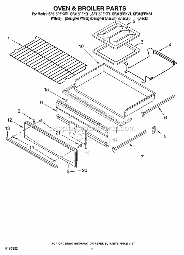 Whirlpool SF315PEKT1 Freestanding Gas Range Oven & Broiler Parts Diagram