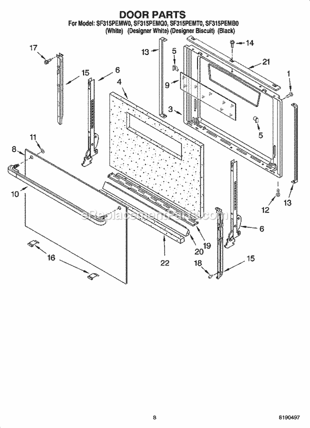 Whirlpool SF315PEMB0 Freestanding Gas Range Door Parts, Miscellaneous Parts Diagram