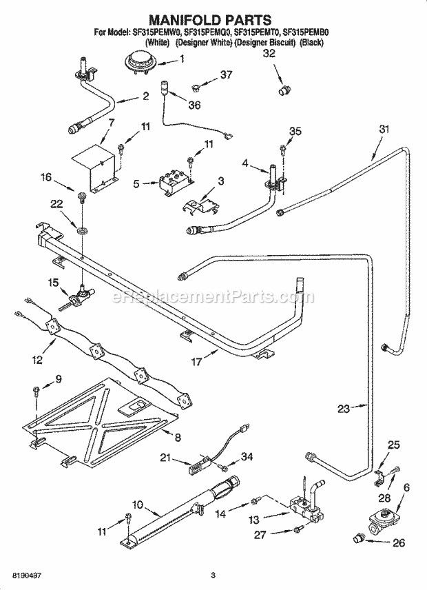 Whirlpool SF315PEMQ0 Freestanding Gas Range Manifold Parts Diagram