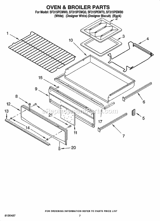 Whirlpool SF315PEMQ0 Freestanding Gas Range Oven & Broiler Parts Diagram