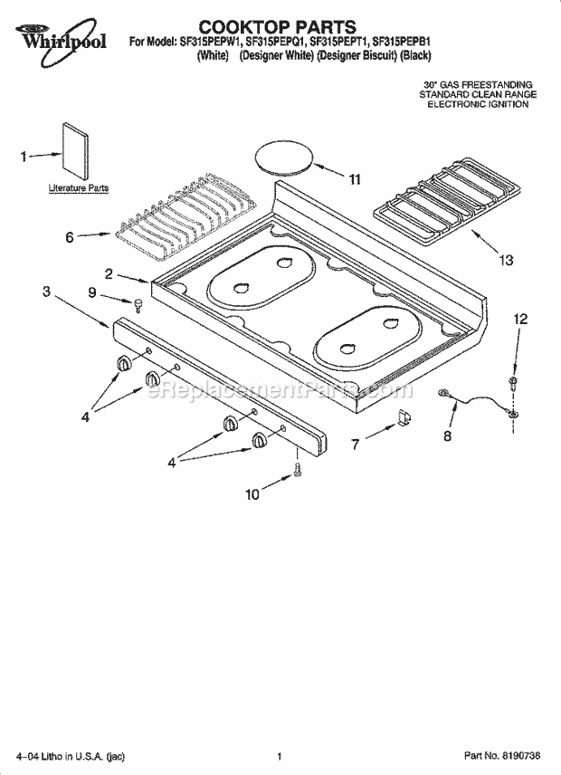 Whirlpool SF315PEPB1 Freestanding Gas Range Cooktop Parts Diagram