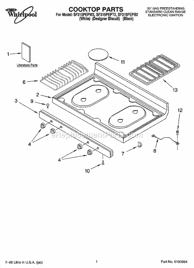 Whirlpool SF315PEPB2 Freestanding Gas Range Cooktop Parts Diagram