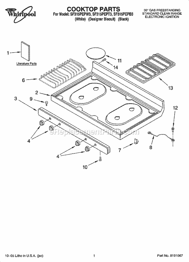 Whirlpool SF315PEPB3 Freestanding Gas Range Cooktop Parts Diagram