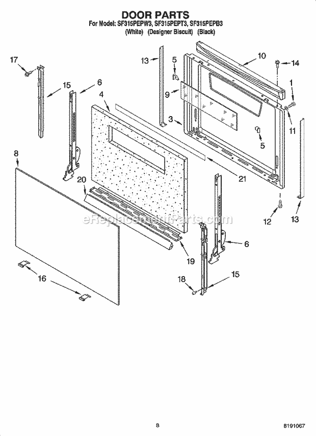 Whirlpool SF315PEPB3 Freestanding Gas Range Door Parts, Optional Parts Diagram