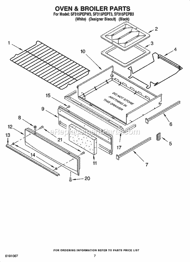 Whirlpool SF315PEPB3 Freestanding Gas Range Oven & Broiler Parts Diagram