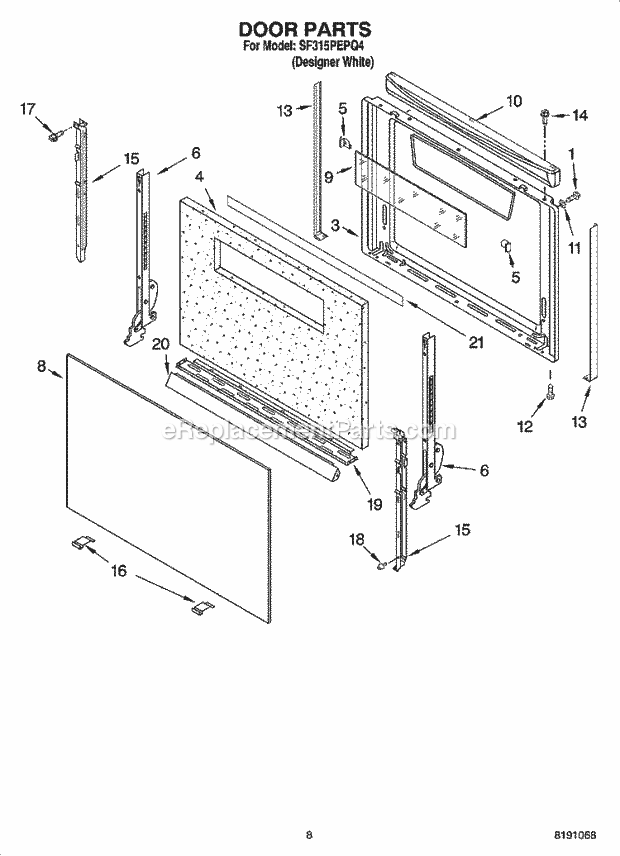 Whirlpool SF315PEPQ4 Freestanding Gas Range Door Parts, Miscellaneous Parts Diagram