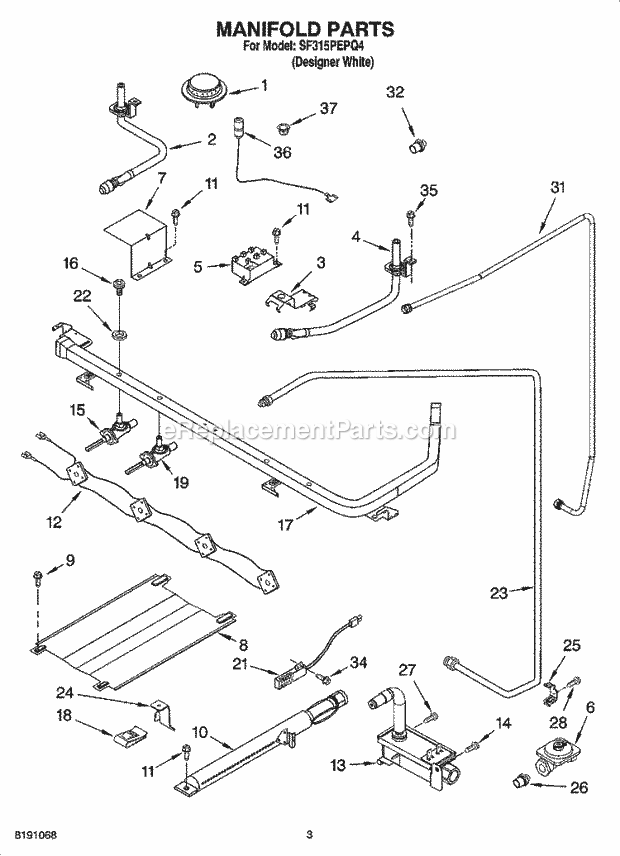 Whirlpool SF315PEPQ4 Freestanding Gas Range Manifold Parts Diagram