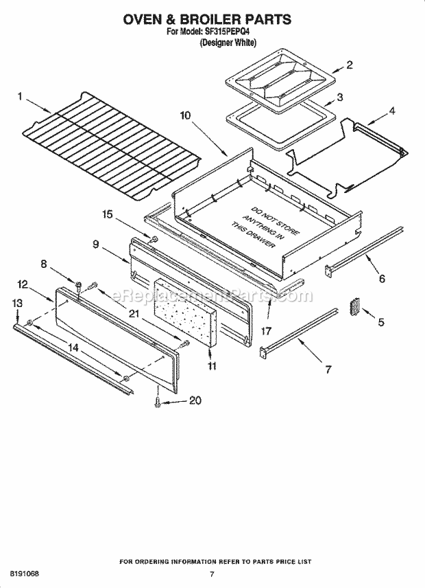 Whirlpool SF315PEPQ4 Freestanding Gas Range Oven & Broiler Parts Diagram