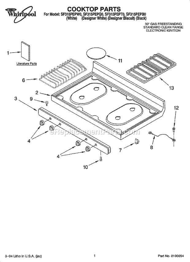 Whirlpool SF315PEPW0 Freestanding Gas Range Cooktop Parts Diagram