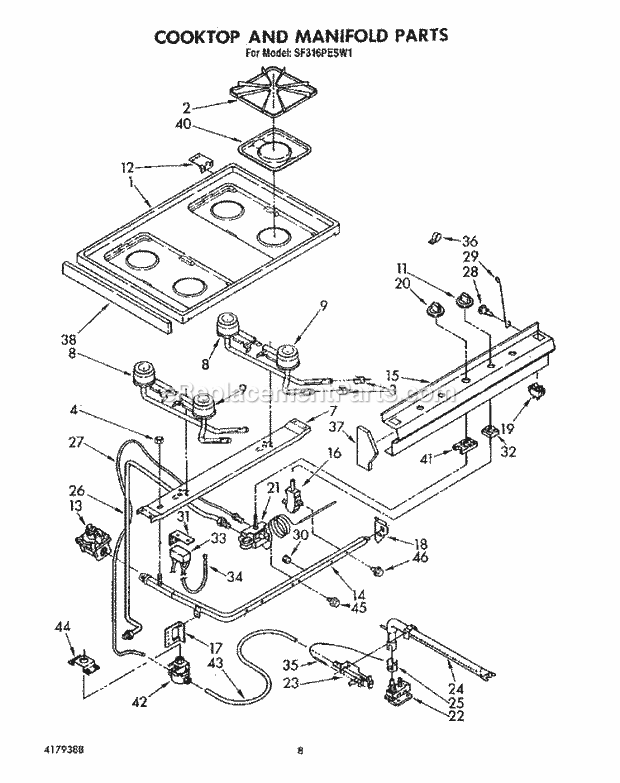 Whirlpool SF316PESW1 Gas Range Cooktop and Manifold, Lit/Optional Diagram