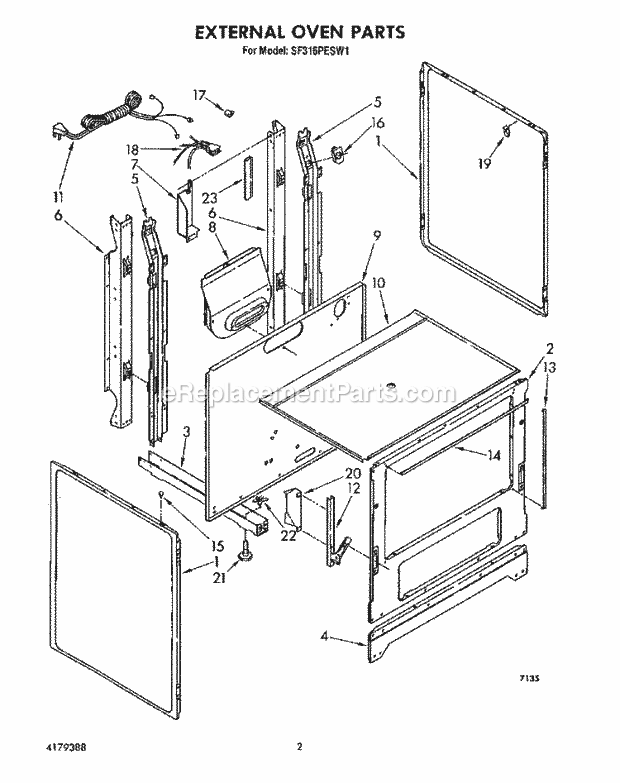 Whirlpool SF316PESW1 Gas Range External Oven Diagram