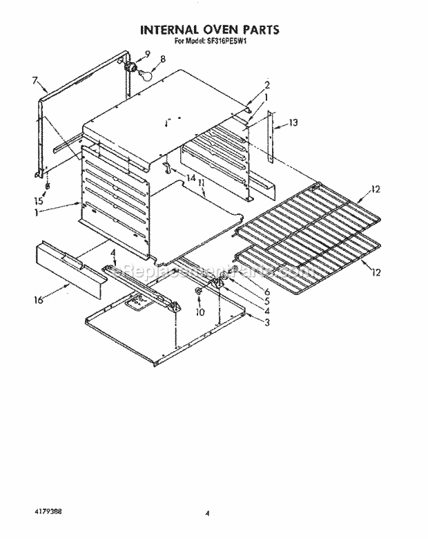 Whirlpool SF316PESW1 Gas Range Internal Oven Diagram