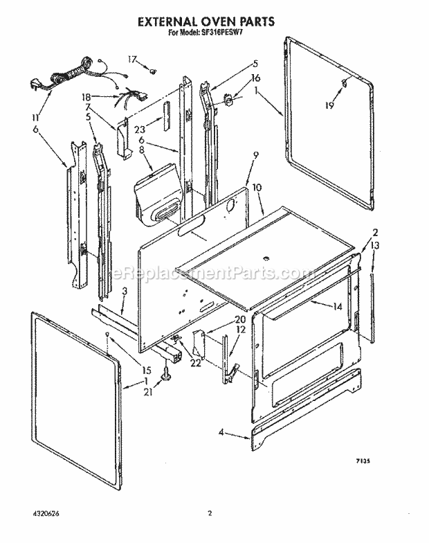 Whirlpool SF316PESW7 Gas Range External Oven Diagram