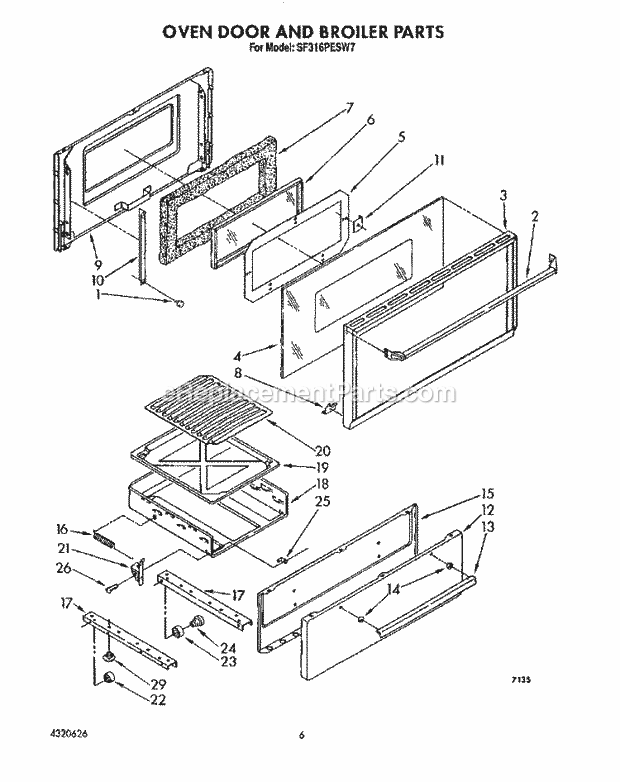 Whirlpool SF316PESW7 Gas Range Oven Door and Broiler Diagram