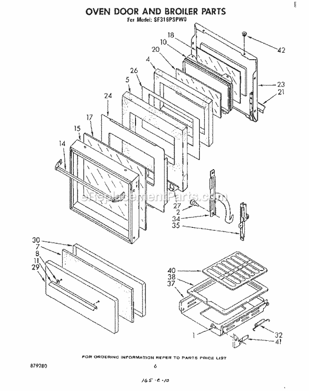 Whirlpool SF316PSPW0 Gas Range Oven Door and Broiler Diagram