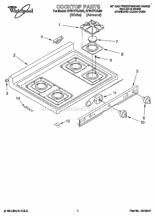 Whirlpool SF317PEAN0 Freestanding Gas Range Cooktop, Literature Diagram