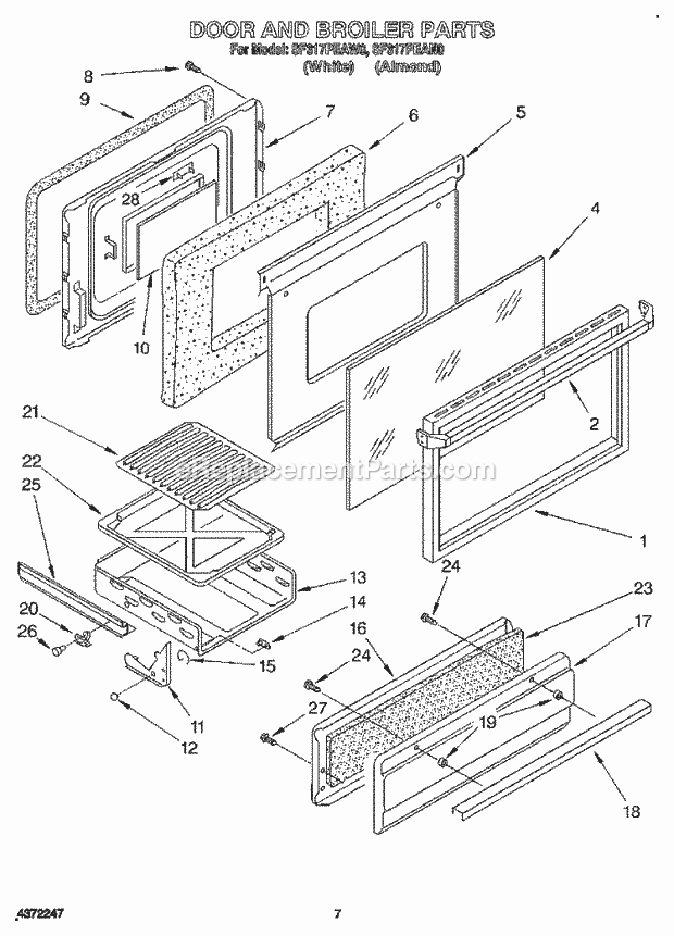 Whirlpool SF317PEAN0 Freestanding Gas Range Door and Broiler Diagram