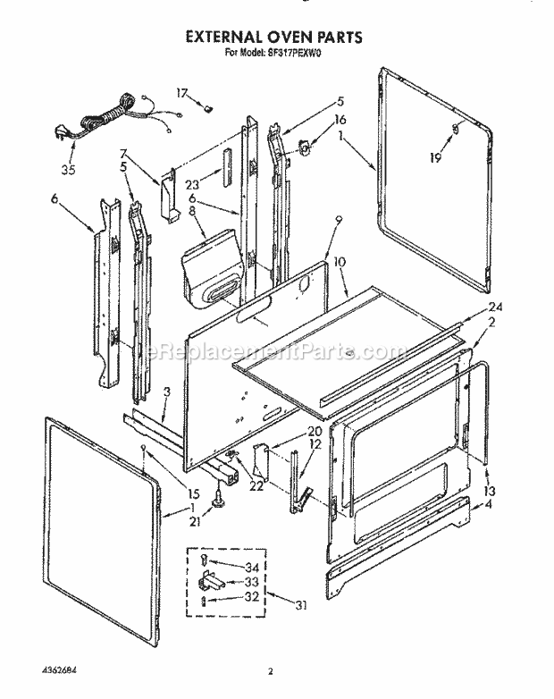 Whirlpool SF317PEXW0 Gas Range External Oven Diagram