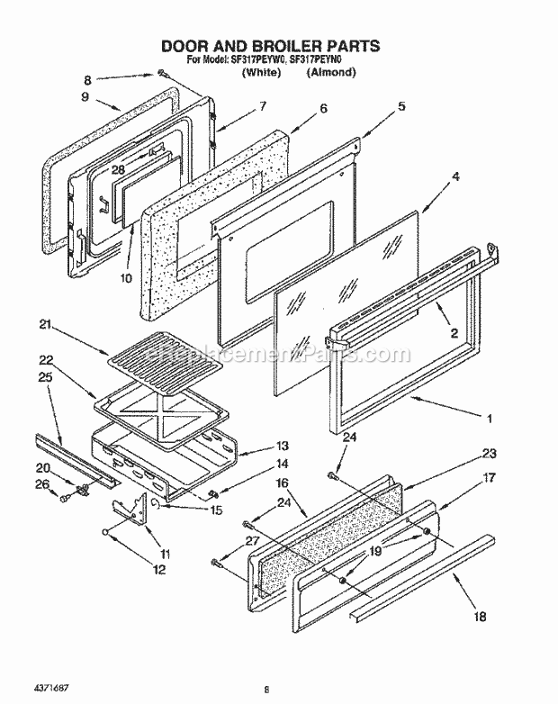 Whirlpool SF317PEYN0 Gas Range Door and Broiler Diagram