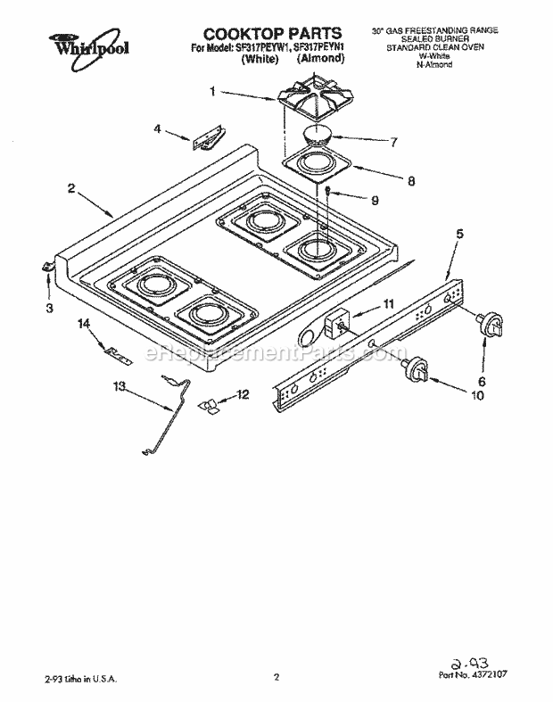 Whirlpool SF317PEYN1 Gas Range Cooktop, Lit/Optional Diagram