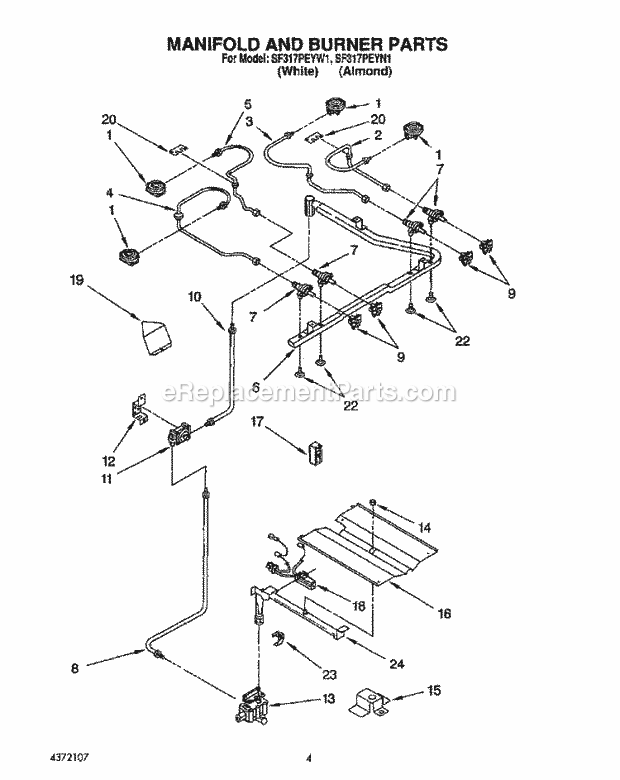 Whirlpool SF317PEYN1 Gas Range Manifold and Burner Diagram