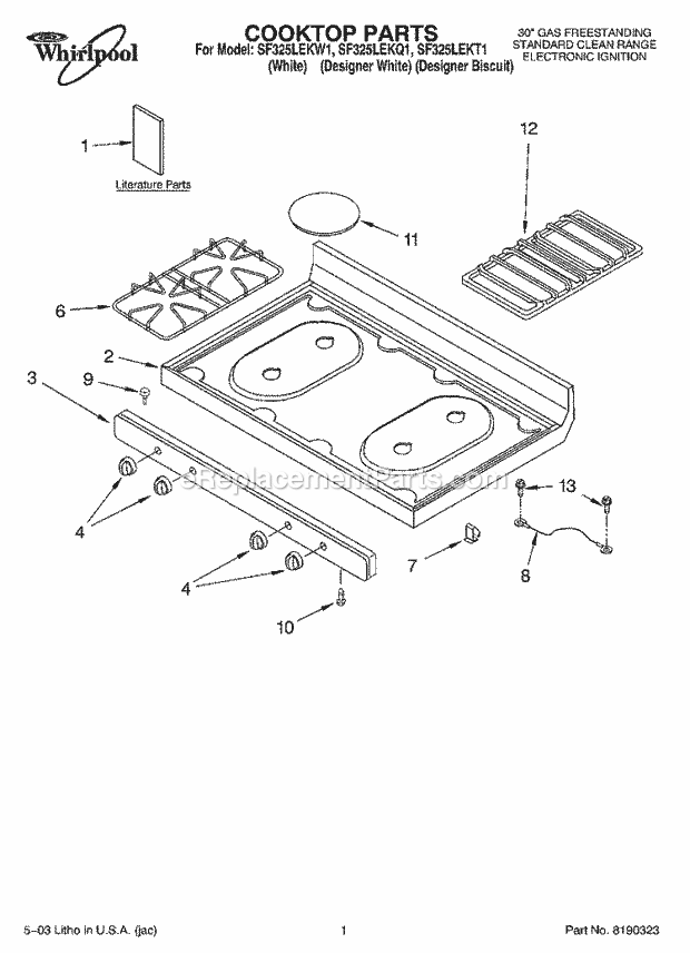 Whirlpool SF325LEKT1 Freestanding Gas Range Cooktop Parts Diagram