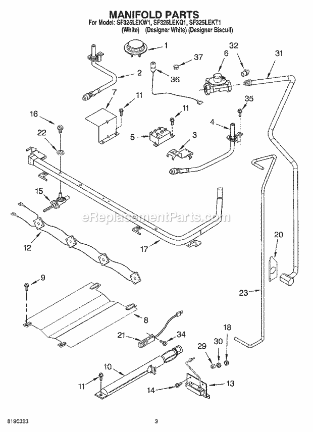 Whirlpool SF325LEKT1 Freestanding Gas Range Manifold Parts Diagram