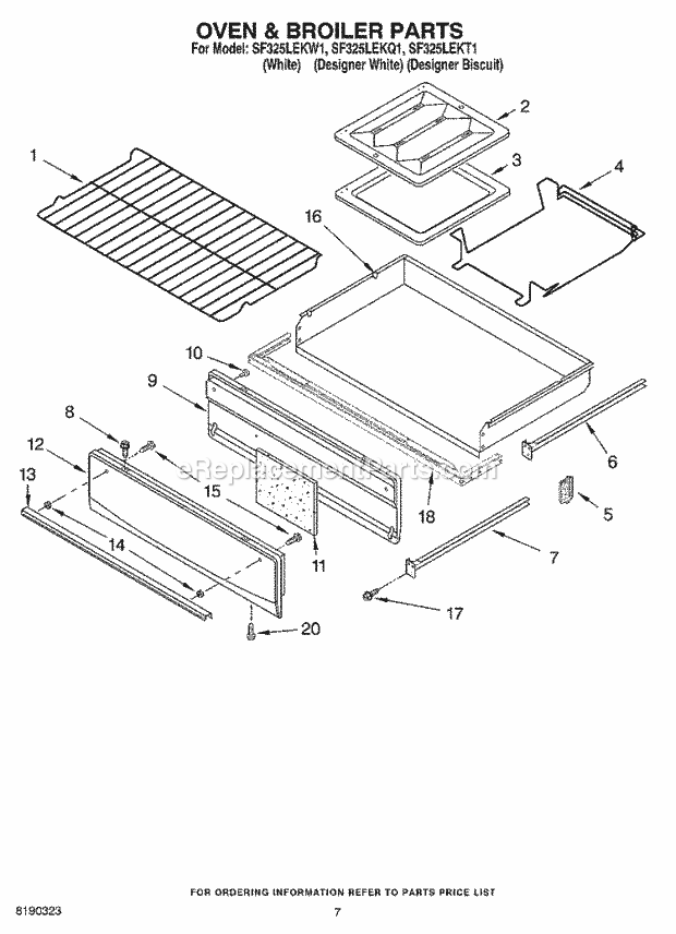 Whirlpool SF325LEKT1 Freestanding Gas Range Oven & Broiler Parts Diagram