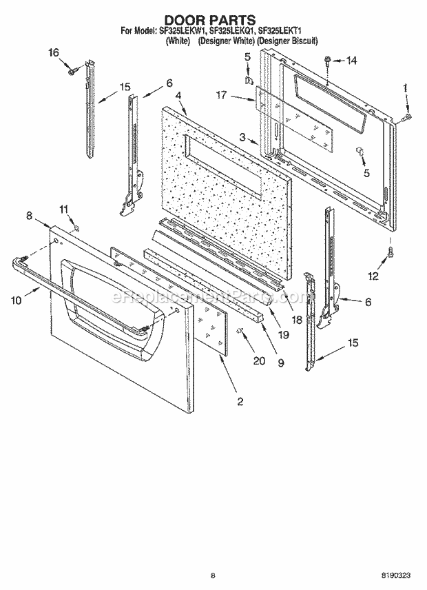 Whirlpool SF325LEKW1 Freestanding Gas Range Door Parts, Miscellaneous Parts Diagram