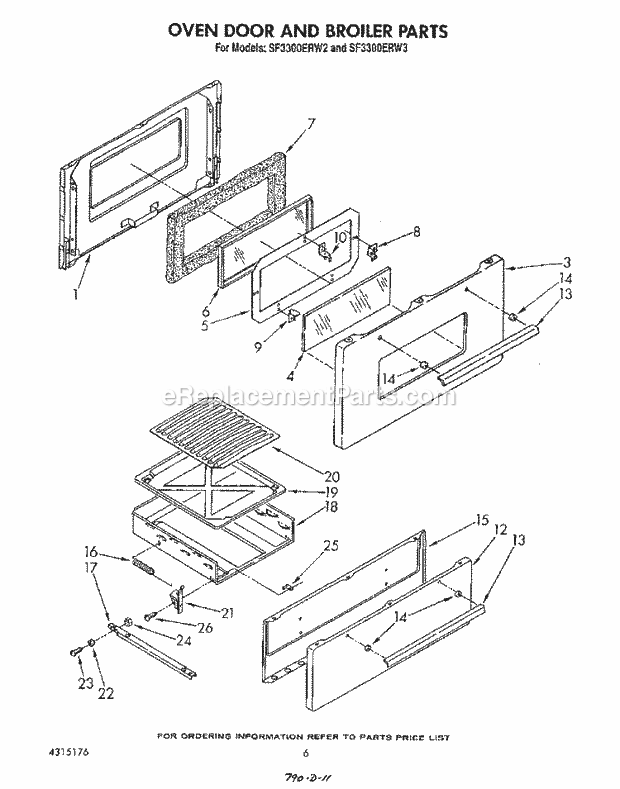 Whirlpool SF3300ERW2 Gas Range Oven Door and Broiler Diagram