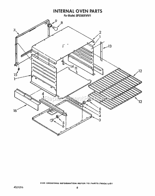 Whirlpool SF3300EWW1 Gas Range Internal Oven Diagram