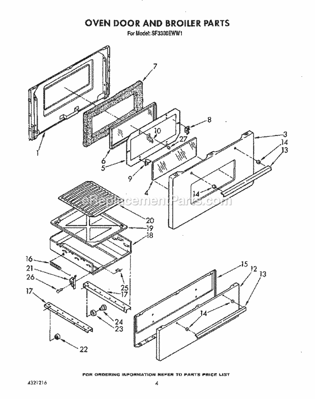 Whirlpool SF3300EWW1 Gas Range Oven Door and Broiler Diagram