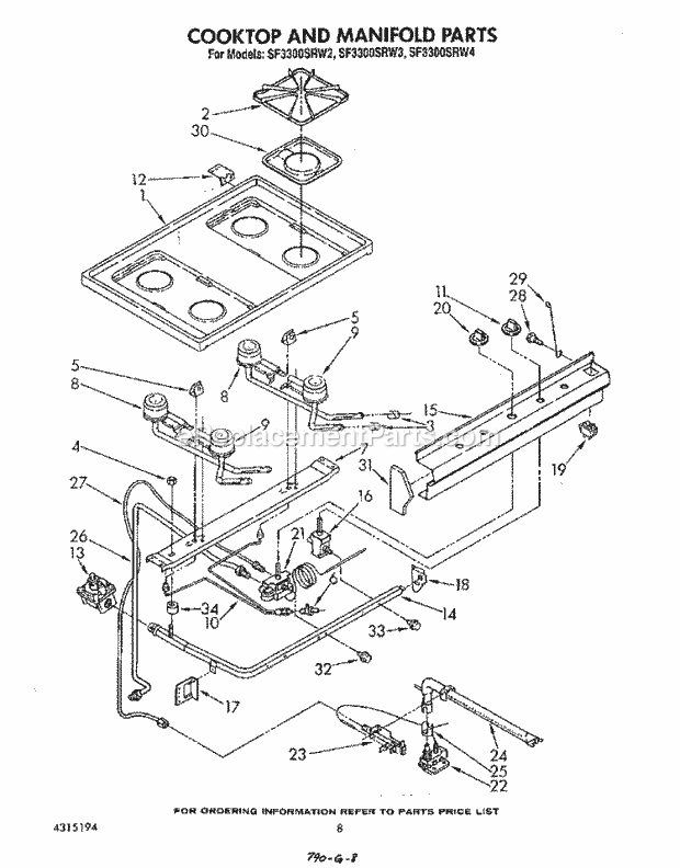 Whirlpool SF3300SRW2 Gas Range Cooktop and Manifold , Literature and Optional Diagram