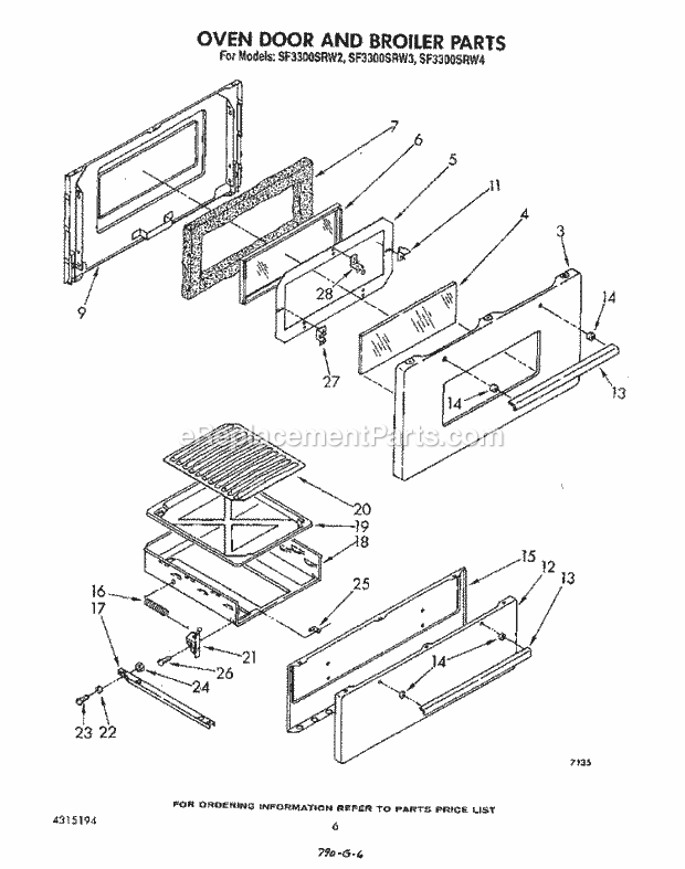 Whirlpool SF3300SRW2 Gas Range Oven Door and Broiler Diagram