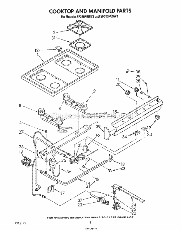 Whirlpool SF330PERW2 Gas Range Cook Top and Manifold , Literature Diagram