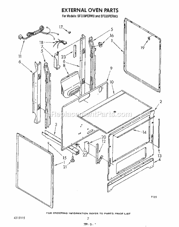 Whirlpool SF330PERW3 Gas Range External Oven Diagram