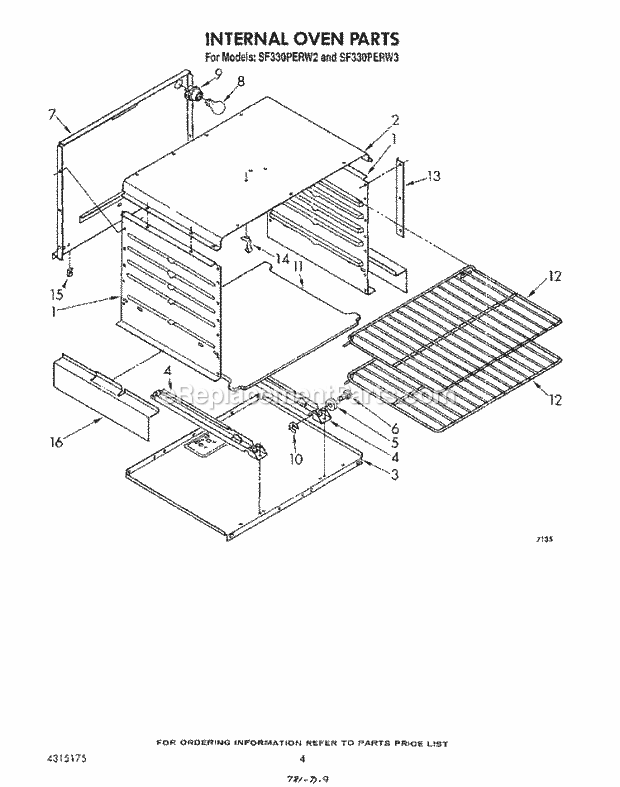 Whirlpool SF330PERW3 Gas Range Internal Oven Diagram