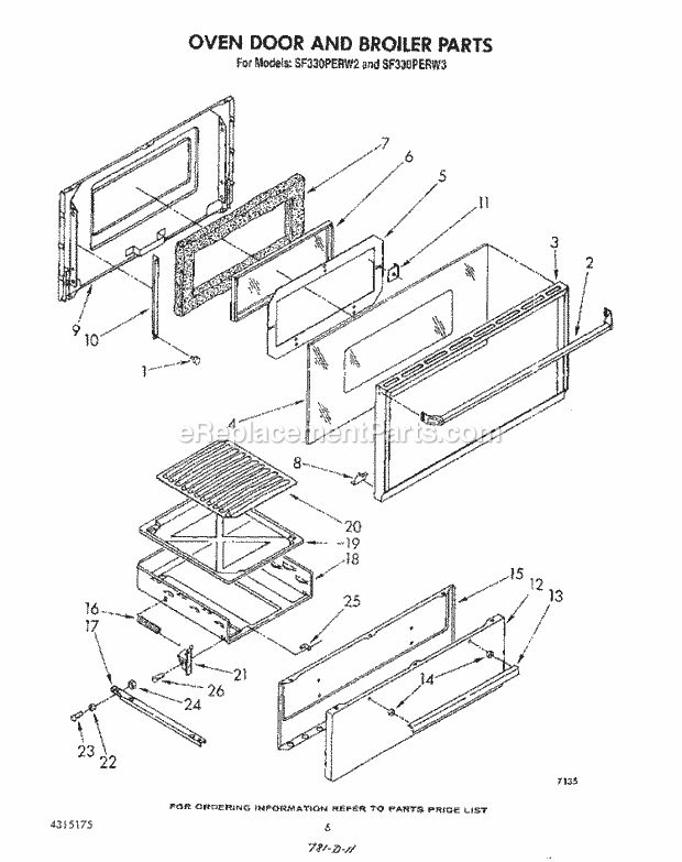Whirlpool SF330PERW3 Gas Range Oven Door and Broiler Diagram
