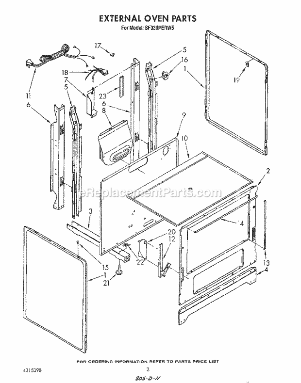 Whirlpool SF330PERW5 Gas Range External Oven Diagram