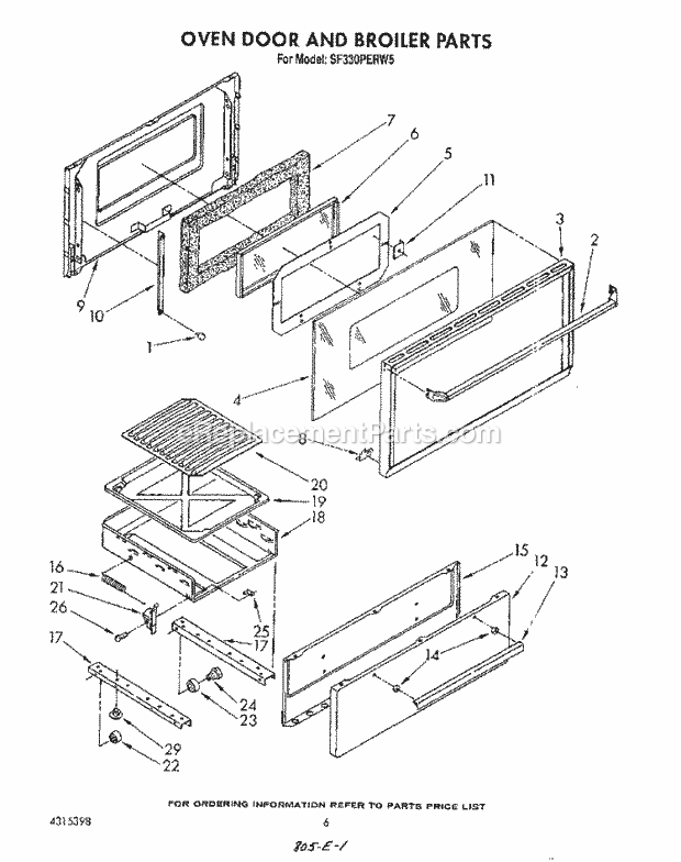 Whirlpool SF330PERW5 Gas Range Oven Door and Broiler Diagram