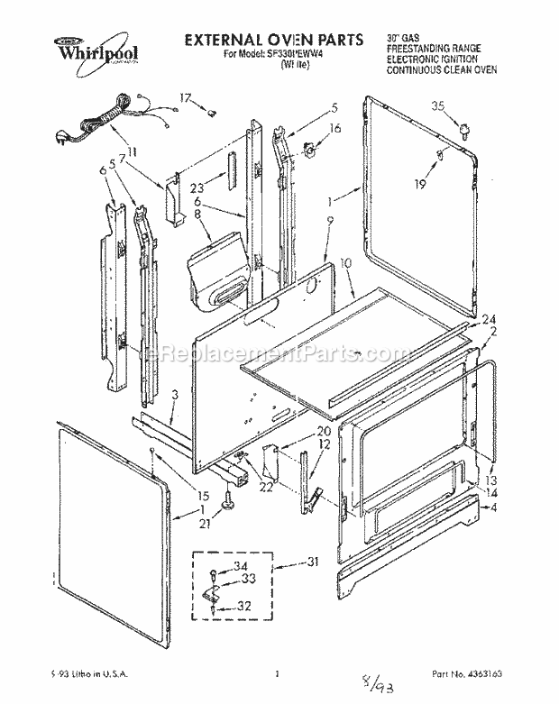 Whirlpool SF330PEWW4 Gas Range External Oven Diagram