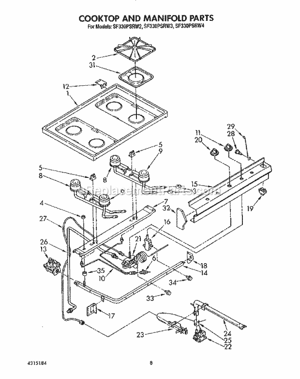 Whirlpool SF330PSRW2 Gas Range Cooktop and Manifold, Lit/Optional Diagram