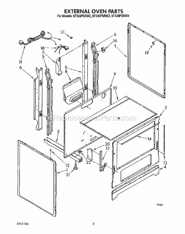 Whirlpool SF330PSRW2 Gas Range External Oven Diagram