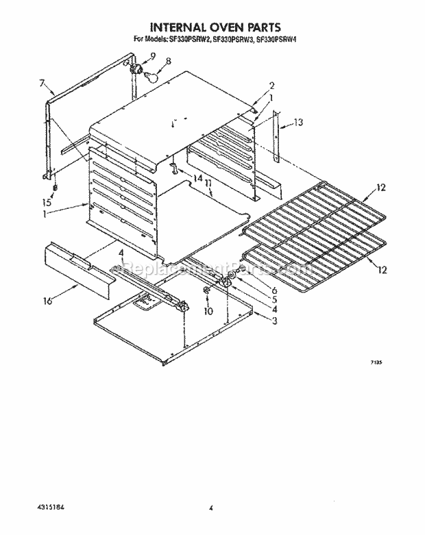 Whirlpool SF330PSRW2 Gas Range Internal Oven Diagram