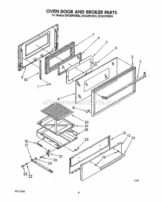 Whirlpool SF330PSRW2 Gas Range Oven Door and Broiler Diagram