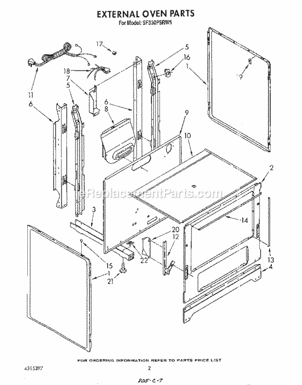 Whirlpool SF330PSRW5 Gas Range External Oven Diagram