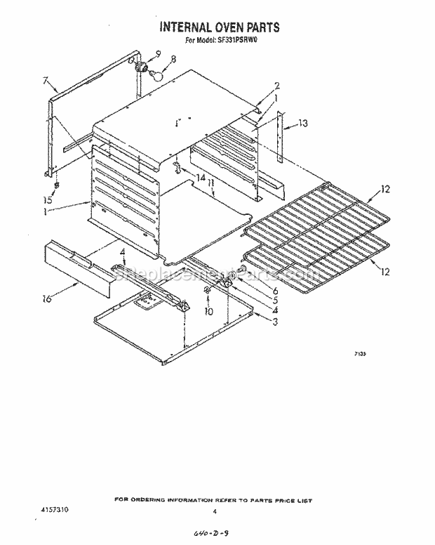 Whirlpool SF331PSRW0 Gas Range Internal Oven Diagram